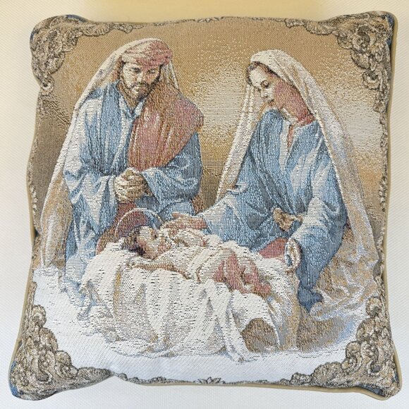 Vintage Nativity Tapestry Throw Pillow 16"x16" Tan Backing Mary Joseph Jesus - Picture 3 of 6